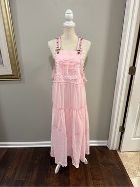 NWT UtCoco Pink Lace-Trim Maxi Pinafore Overall Dress. Size Small